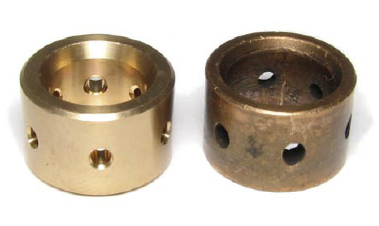 Fig. 8: Journal Bearing Lack of Lubrication Left = New Bearing; Right = Smooth Wear & Heat Discoloration